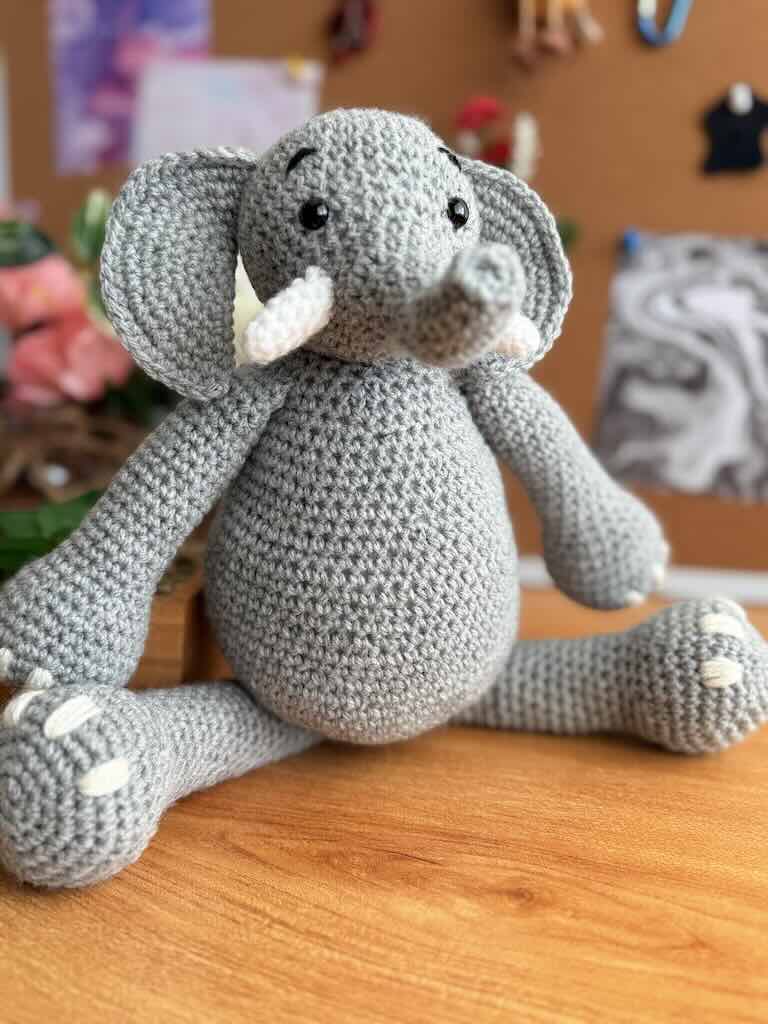 handmade crochet elephant toy named Elijah with large ears and soft body