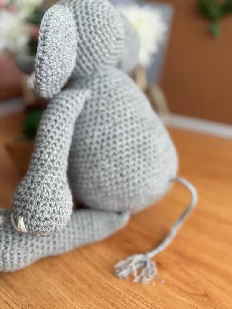 handmade crochet elephant toy named Elijah with large ears and soft body