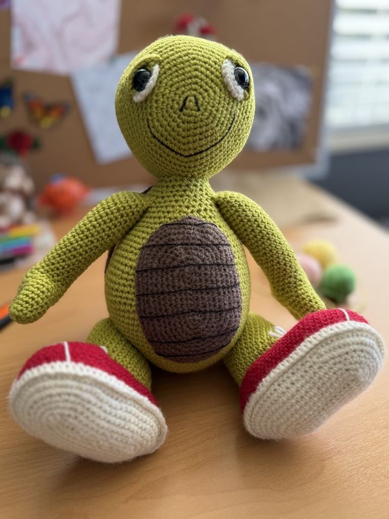 handmade crochet tortoise toy named Thomas with soft shell, dopey eyes and red sneakers
